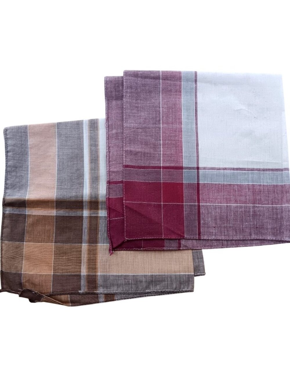 Vintage Set Of 2 Cotton Plaid Square Handkerchiefs Brown Maroon Linen 1950s 60s